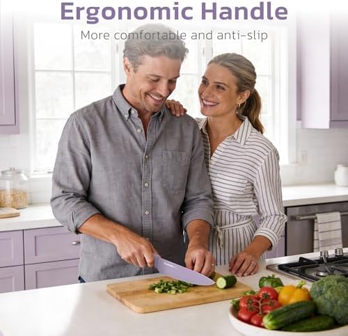 Astercook Knife Set, 13 Pieces Kitchen Knives Set with Healthy Anti-Rust Coating, Dishwasher Safe, Stainless Steel Chef Knife Sets with 6 Blade Guards, Perfect Holiday Gifts for Kitchen Purple