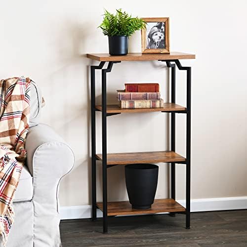 Household Essentials Rustic Hickory Wood & Black Iron Four-Tier Bookshelf