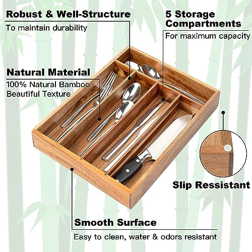 Besilord Silverware Organizer Kitchen Drawer Organizer Utensil Organizer Acacia Silverware Holder Cutlery Organizer in Drawer Flatware Organizer Tray(5 slots, Acacia