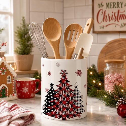 Christmas Tree Ceramic Utensil Crock, Farmhouse Xmas Kitchen Utensil Holder, Holiday Countertop Storage Organizer, Christmas Decor for Spatulas & Baking Gadgets, We Wish You A Merry Xmas