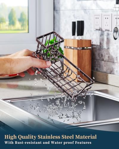 Consumest Sink Caddy Kitchen Organizer, Sponge Holder for Kitchen Sink with Removable Drip Tray for Countertop Dish Soap Holder Dispenser Brush Holder, 304 Stainless Steel - Bronze