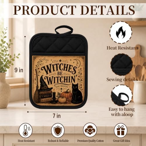 Witchy Halloween Black Cat Pot Holders for Kitchen 2 Pack Set