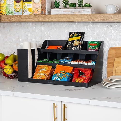 Mind Reader Large Cup and Condiment Station, 14-Compartment Countertop Coffee Organizer for Cups, Lids, Condiments and Supplies, Black
