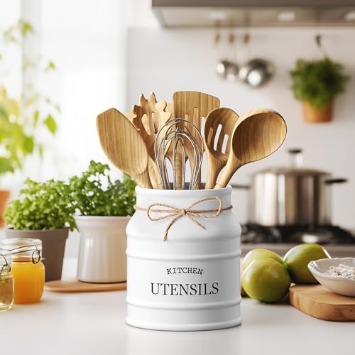 Barnyard Designs Ceramic Kitchen Utensil Holder Countertop 6.75″ (White)