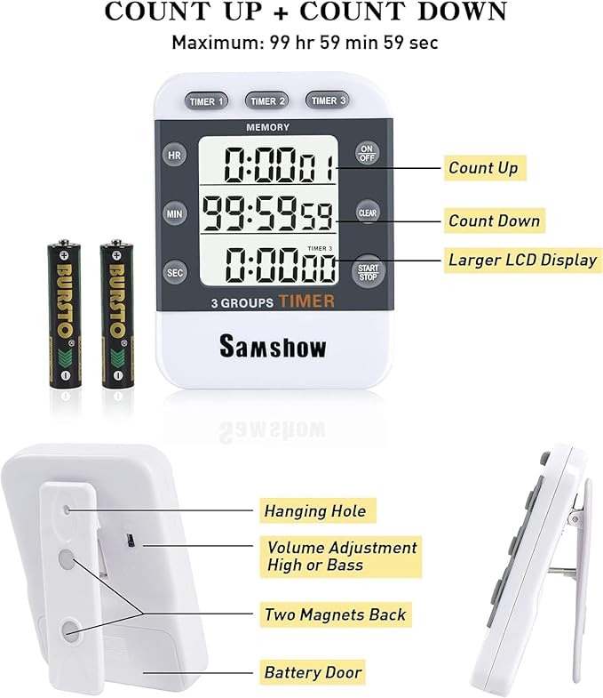 Digital Kitchen Timer Dual Timers 3 Channels Count UP/Down Cooking Timer Large - Image 6
