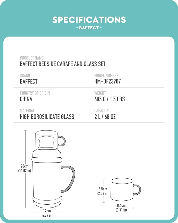 Baffect Bedside Water Carafe And Glass Set, High Borosilicate Glass Pitcher - Image 6