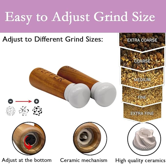 Tessie & Jessie Wooden Salt and Pepper Grinder Set, Premium Acacia Wood - Image 2