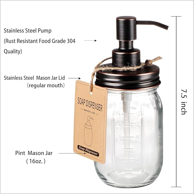 Amolliar Mason Jar Liquid Soap Dispenser, 16 OZ Lotion Glass Dispenser - Image 5