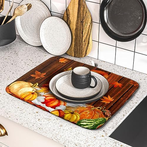 Fall Gnome Dish Drying Mat for Kitchen Counter,Autumn Pumpkin Maple Leaves Drying Mat 16 x 18 Inch Microfiber Dark Brown Wood Dish Drying Pad Dish Rack Drainer Mat Thanksgiving Day Decor