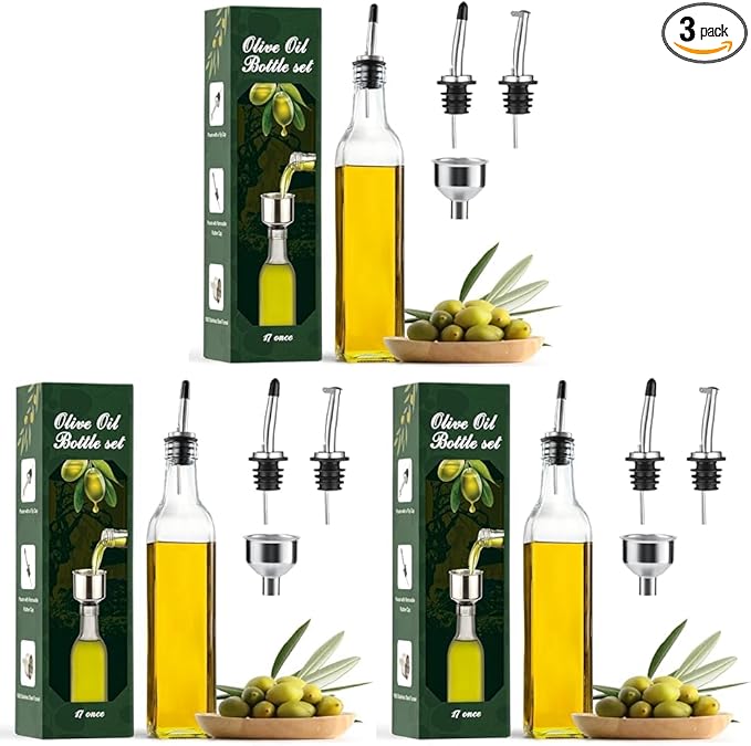 AOZITA Glass Oil Dispenser Bottle, 500ml | Pack of 3 | Includes Pourers and by AOZITA