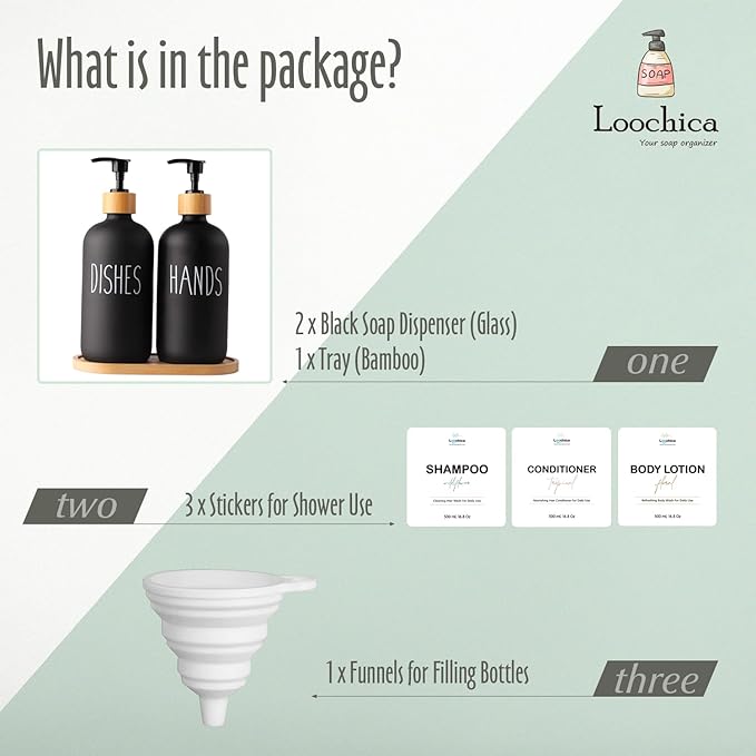 LOOCHICA 2 Pack Black Glass Soap Dispenser Set - Image 2