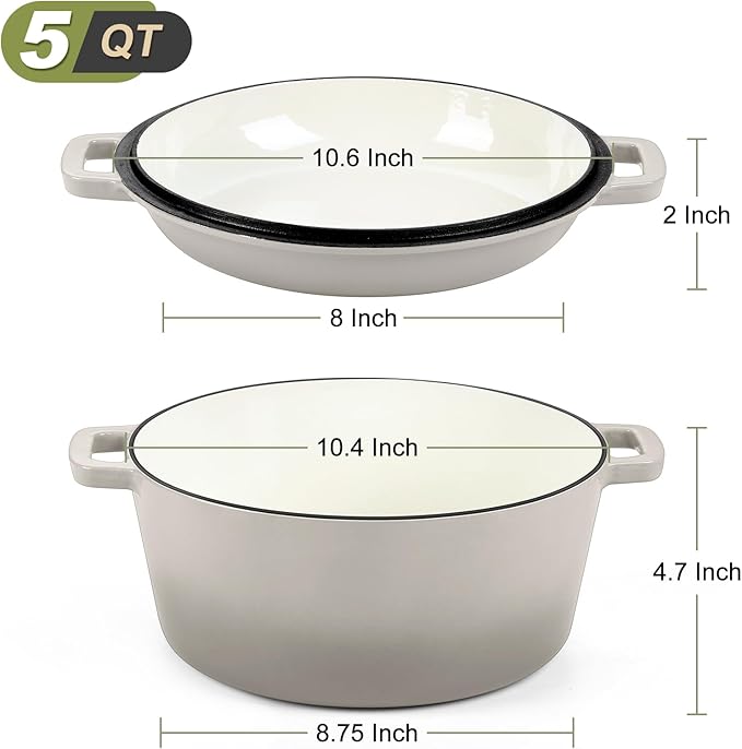 P&P CHEF 5Qt Dutch Oven Pot for Bread Baking, 2 In 1 Round Cast Iron Dutch Oven - Image 2