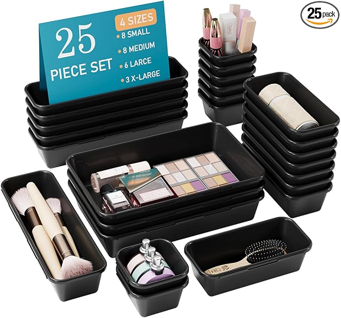 Kutesna 25 PCS Black Drawer Organizer Set, 4 Size Interlocking Plastic Storage by Kutesna