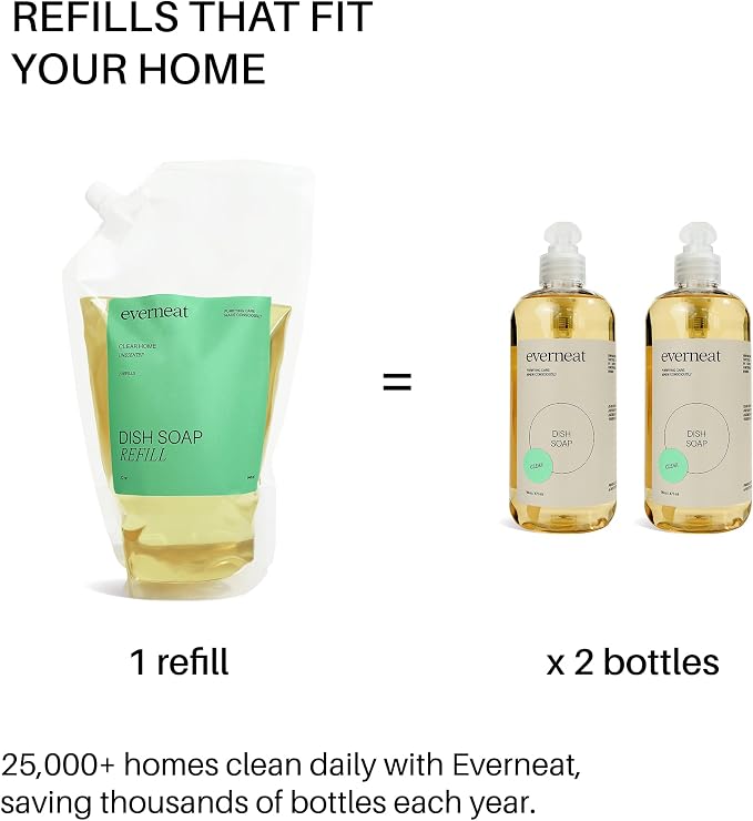 Everneat Liquid Dish Soap Refill | Plant-Based Non-Toxic Dishwashing Liquid with Enzymes | Grease-Cutting Kitchen Soap | 2 refills 16oz – Clear (Unscented)