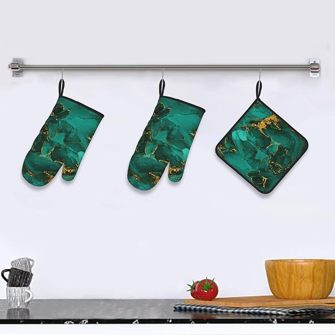 Turquoise Marble Oven Mitts and Pot Holders Sets of 3 Emerald Dark Green Hot - Image 6