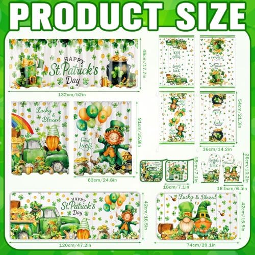 13 Pcs St. Patrick's Day Kitchen Decor Set 3 Shamrock Kitchen Curtains Valance 2 Irish Rugs and Mats 4 Hand Towels 2 Pot Holders 2 Oven Mitts for Home Decor Cooking Grilling Housewarming Gift