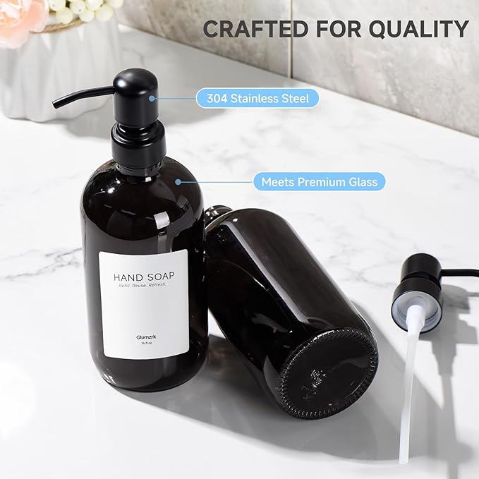 2 Pack Kitchen Soap Dispenser Set - 16oz Black Glass Dish and Hand Soap - Image 3