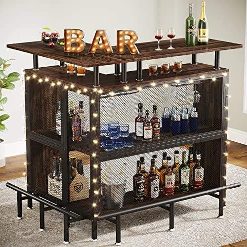 Tribesigns Home Bar Unit, L-Shaped Bar Table with Stemware Racks and 2-Tier Shelves, Corner Mini Coffee Liquor Cabinet with Footrest for Home/Kitchen/Pub, Rustic Brown