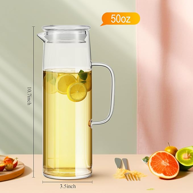 Hsei 2 Sets Glass Pitcher with Lid, 50 oz / 1500 ml Water Carafe with Handles - Image 4