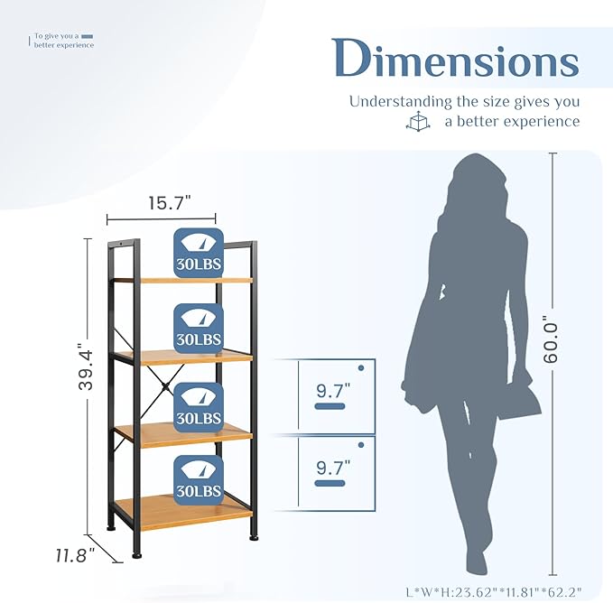DUMOS 4 Tiers Bookshelf, Classical Book Shelf, Tall Display Shelves in Living - Image 3