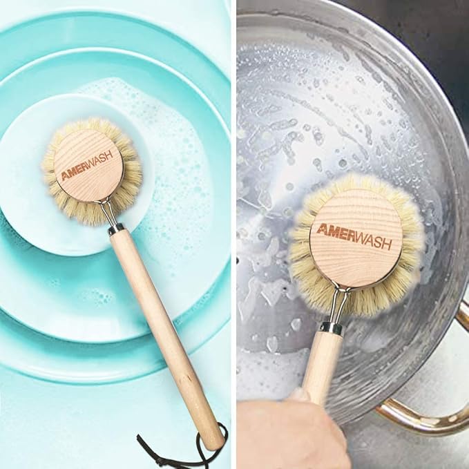 AMERWASH PLUS Dish Brush with Wooden Handle, Natural Kitchen Brush - Image 7