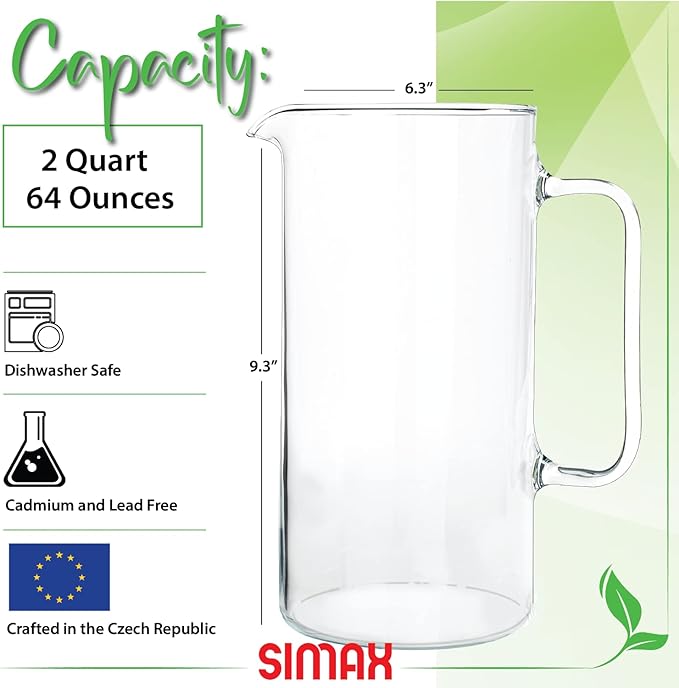 Simax Glass Pitcher, 64 Ounce Borosilicate Glass, Made in Europe Hot and Cold - Image 2