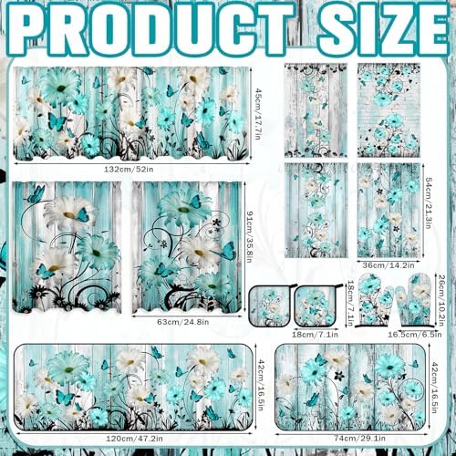 13 Pcs Farmhouse Teal Daisy Kitchen Decor Set 3 Turquoise Kitchen Curtains Valance 2 Rugs and Mats 4 Hand Towels 2 Pot Holders 2 Oven Mitts for Home Decor Cooking Grilling Housewarming Gift
