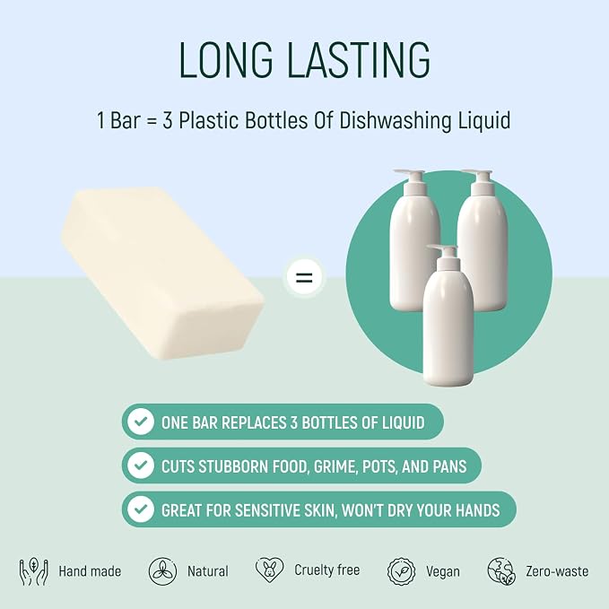 Natural Non-Toxic Dish Washing Soap - Dyes And Fragrance Free - Vegan Cruelty-Free Eco-Friendly And Zero Waste Dishwashing Handmade Solid Bar Soaps Detergent & Biodegradable (Lemon Single)