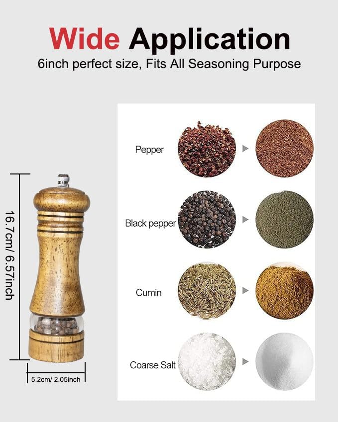 6-Inch Wooden Pepper Grinder Salt Grinder, Refillable Manual Pepper Mill - Image 2