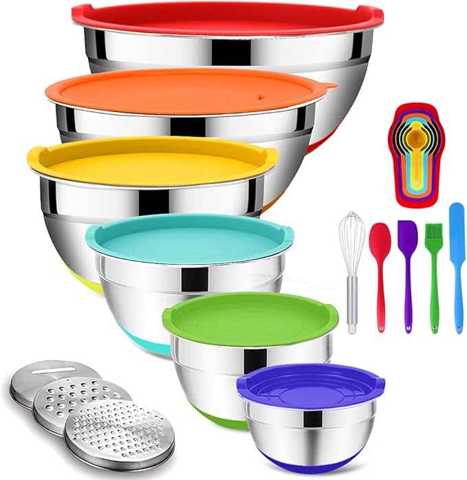 Rottay Mixing Bowls with Airtight Lids, Nesting Bowls with 3 Grater Attachments by Rottay