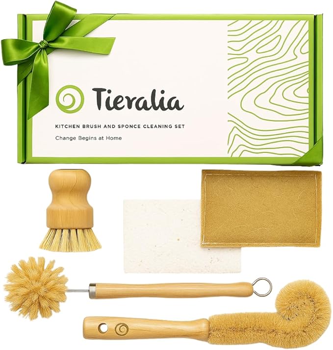 Tieralia Bamboo Dish Brush Gift Set – 5-Piece Kitchen Cleaning Set by Tieralia