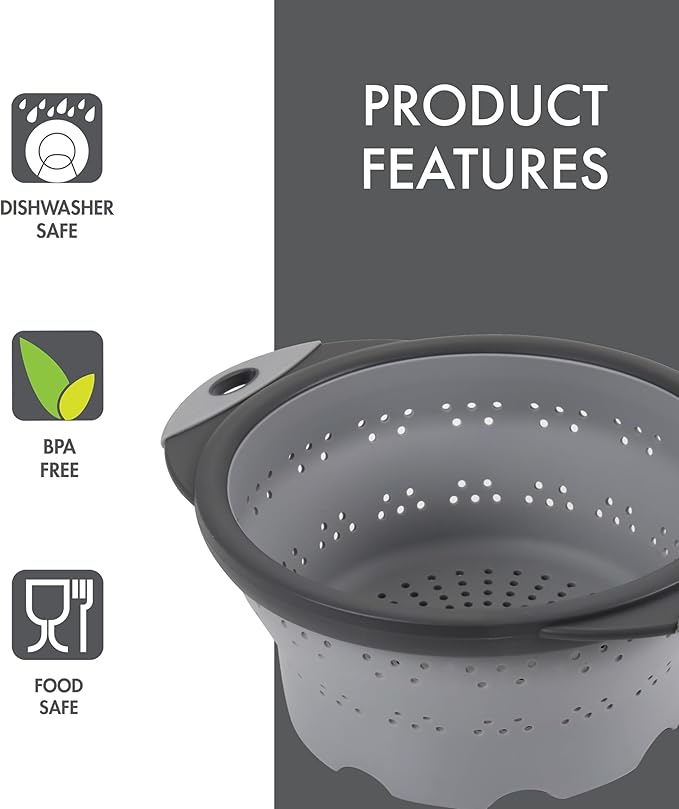Dexas 8" Collapsible Silicone Colander in Cool Grey, Kitchen Strainer - Image 3