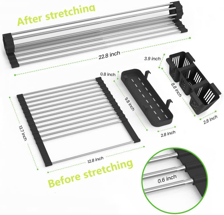 Black Expandable Roll Up Dish Drying Rack Up to 22.8''with 2 Storage Baskets,Over The Sink Kitchen Rolling up Dish Drainer Drying Rack , Foldable,Rollable,for Kitchen Dishes(Expandable Width Size)