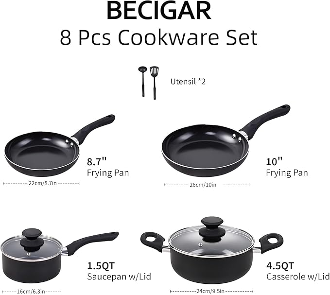 BECIGAR 8pcs Black Ceramic Pots and Pans Set, Cooking Pan Set, Cooking Pot Set - Image 2
