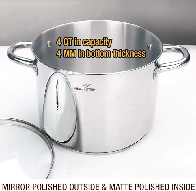 HOMICHEF Small Stock Pot 4 Quart Nickel Free Stainless Steel - Image 2