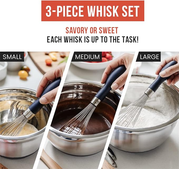Chef Pomodoro 3-Piece Kitchen Whisk Set, Stainless Steel Whisks - Image 4