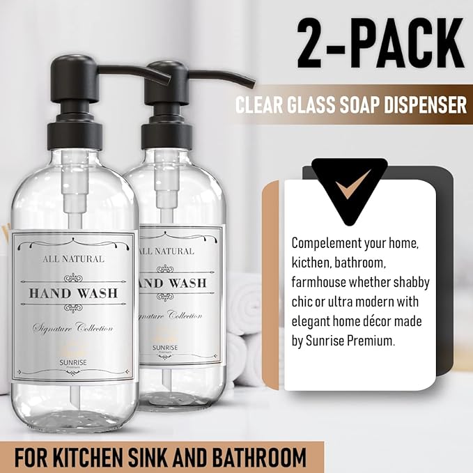 Sunrise Premium 2 Pack Clear Glass Soap Dispenser 16 OZ - Image 4