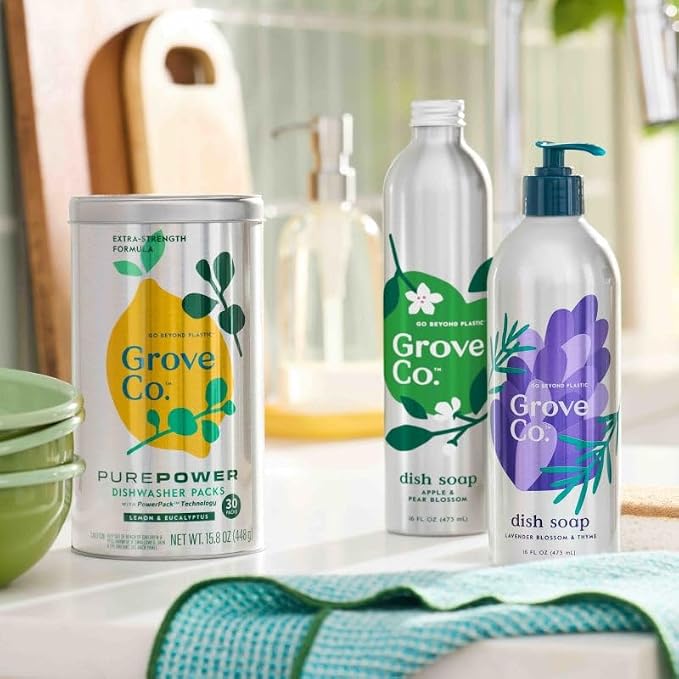 Grove Co. Dish Soap, 3 x 16 fl oz Refills + Refillable Glass Dispenser | Apple & Pear Blossom; Plastic-Free; Reusable dispenser; Refill format; Removes Stuck on Food; 98% plant-based ingredients