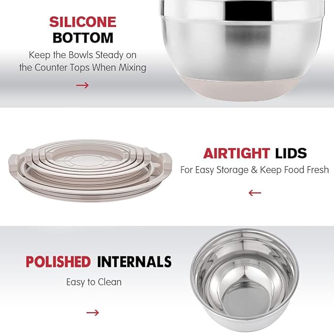 Rottay Mixing Bowls Set with Airtight Lids: 20PCS Stainless Steel Nesting Bowls - Image 2
