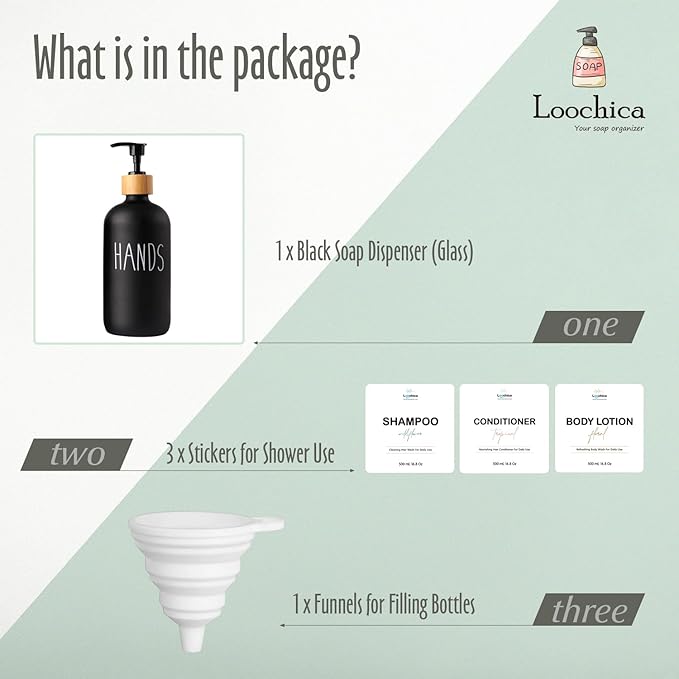 LOOCHICA Black Glass Kitchen Soap Dispenser, Detergent Dispenser or Hands Soap - Image 2