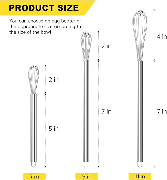 NileHome Mini Whisks Stainless Steel Whisk Set 7" 9" 11"Kitchen Small Wisk - Image 2