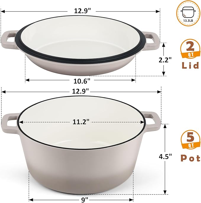 TeamFar 5 Quart Dutch Oven, 2 In 1 Enameled Cast Iron Dutch Oven Pot Cookware - Image 2