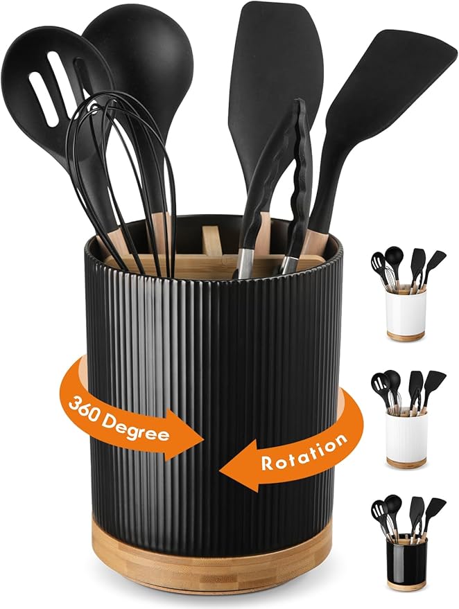 LoeJan 3 Compartment Utensil Holder, Extra Large Utensil Crock, Stable Ceramic by LoeJan