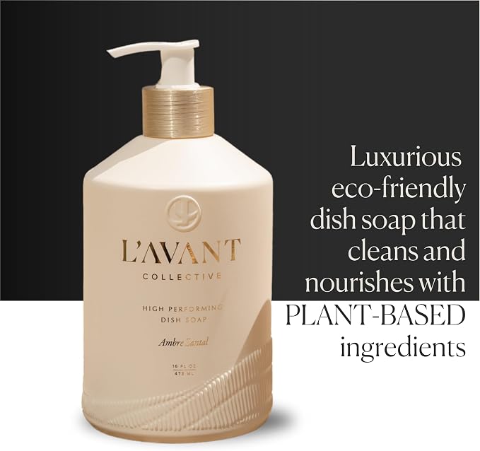 L'AVANT Collective The Ultimate Dish Wash Duo, Natural Luxury Dish Soap 16 Fl Oz with Refillable Glass Pump Bottle & 2 Loofah Dish Sponges for Pots, Pans, Dishes and Kitchen Cleaning, Ambre Santal