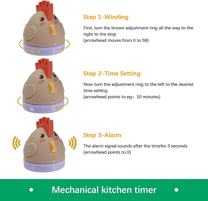 Mechanical Kitchen Timer, Cute Wind Up 60-Minute Manual Countdown - Image 3