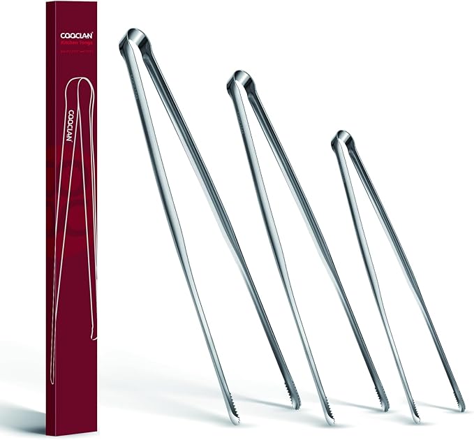 Precision Serrated Non-Slip Tips Cooking Tongs 3 Set, 18/8 Stainless Steel by COOCLAN