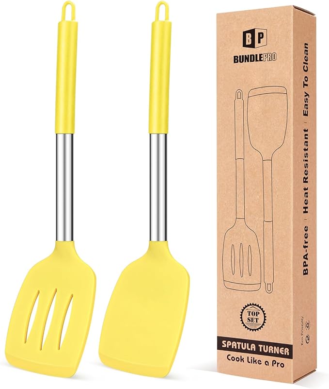 Pack of 2 Silicone Solid Turner, Non Stick Slotted Kitchen Spatulas, High Heat by BUNDLEPRO