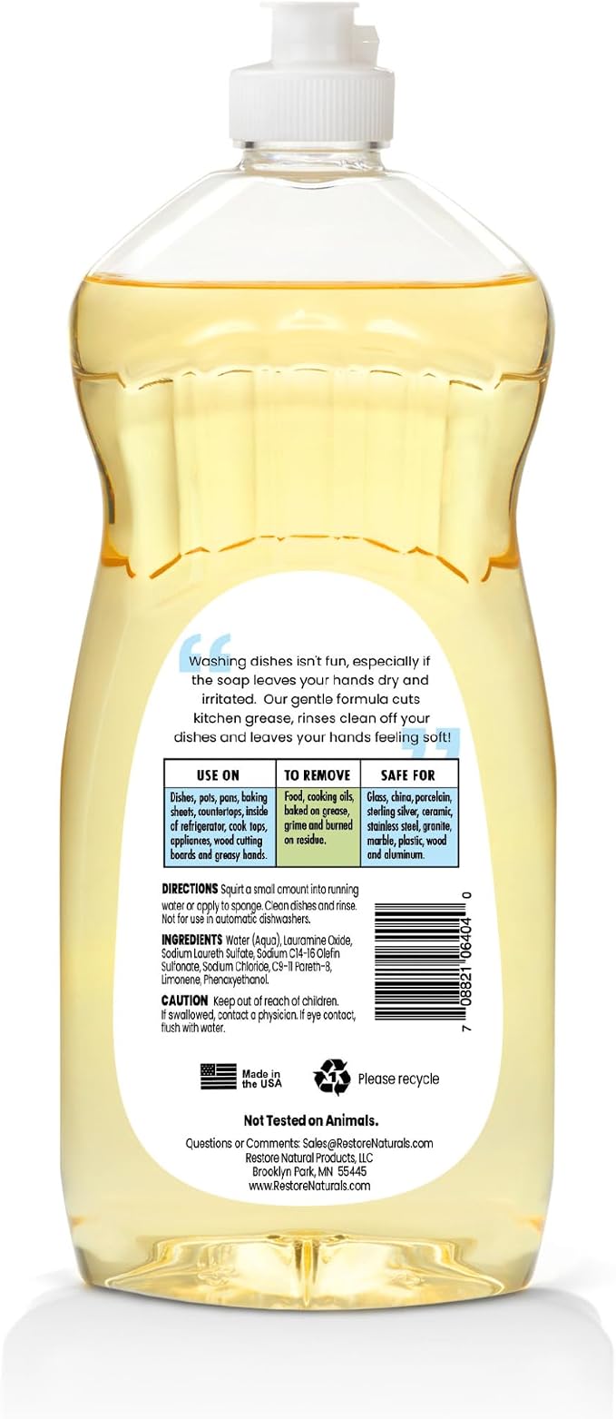Restore Naturals Non Toxic Liquid Dish Soap - 25 Fl Oz - Plant Based | Biodegradable | Gentle Formula | Cruelty Free | Made in the USA - 6 Pack