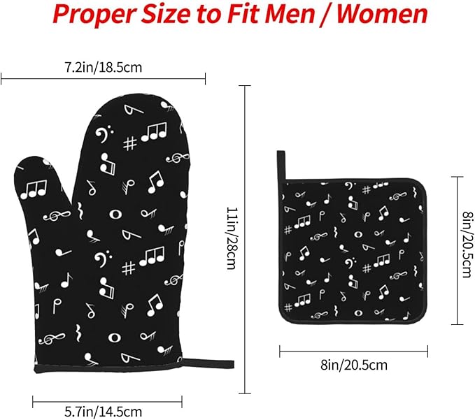 Music Notes Oven Mitts and Pot Holders Sets of 3 Black Hot Pads Musicial Oven - Image 4