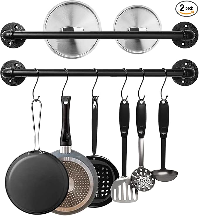 Industrial Pipe Pot Pan Rack 21", Wall mount Pot hangers Pan Hanging Rail Lid by Bailoo